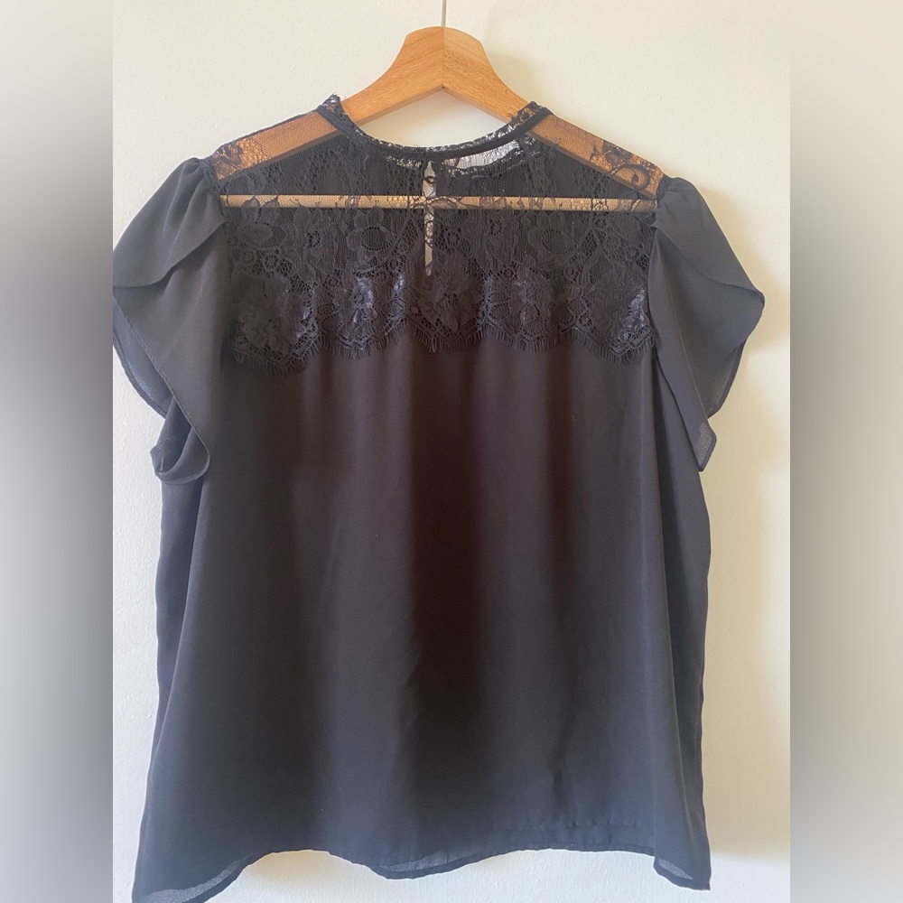 Zara Black Lace Yoke Flutter Sleeve Blouse